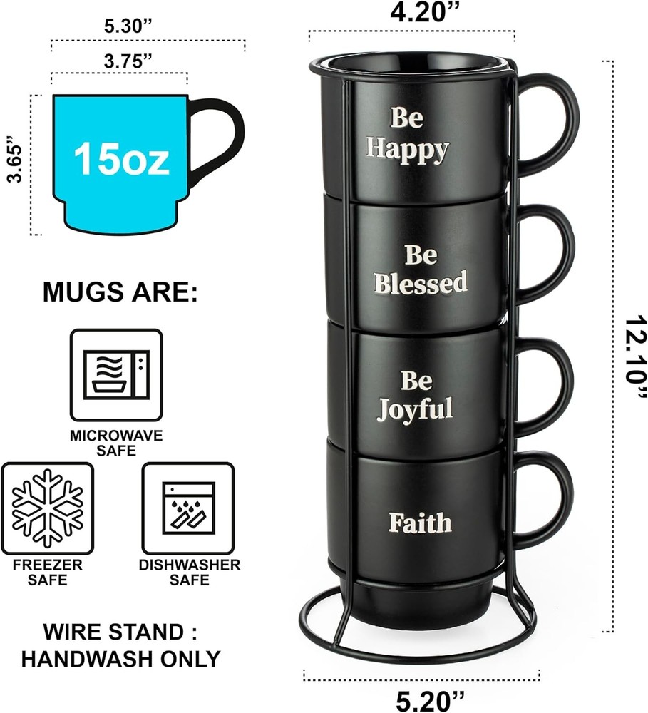 Set of 4 Stackable 15 oz Coffee Mugs with Rack Black