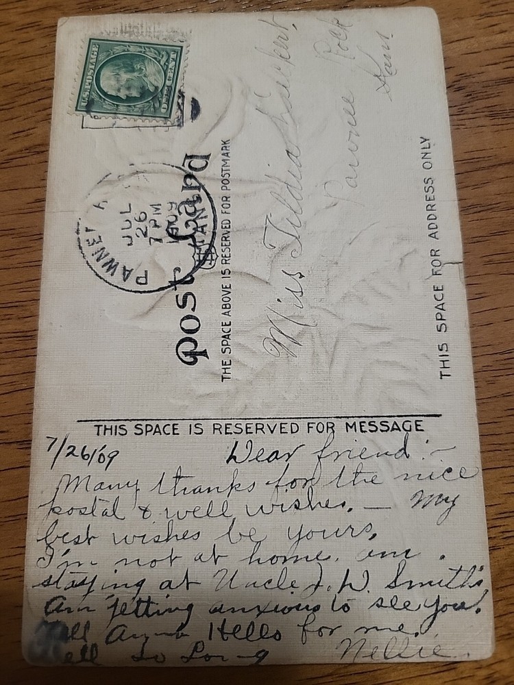 Benjamin Franklin Green One Cent Stamp on a 1909 Post card.
