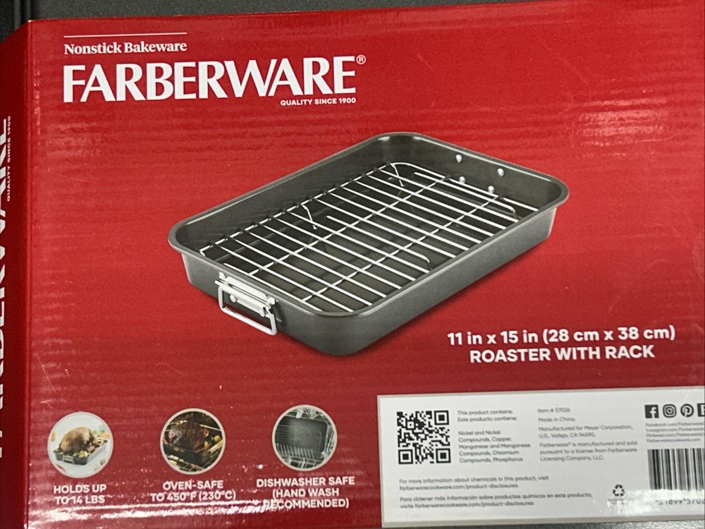 Farberware Bakeware 11x15 Inch Nonstick Roaster with Flat Rack, Dishwasher Safe