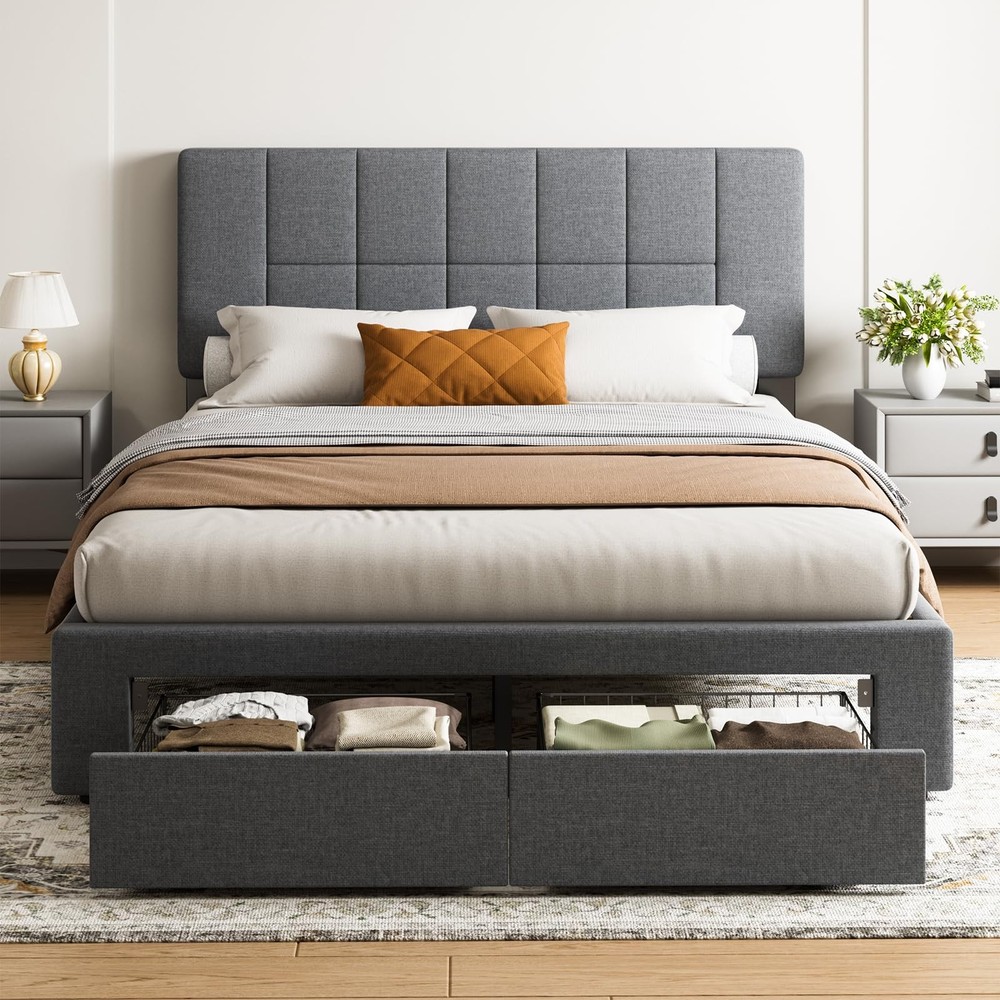 Full Bed Frame with 2 Storage Drawers, Sturdy & Durable with 12 Support Legs,...