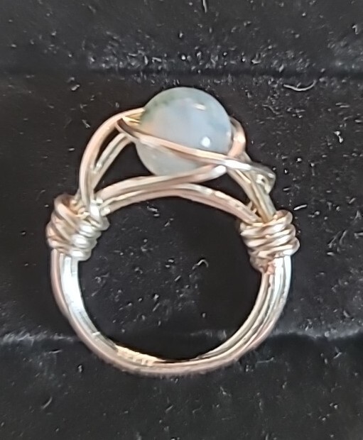 NEW Handmade Wire Wrapped Ring Silvertone Statement Blue Beaded Size 4