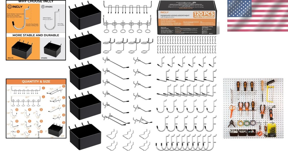 Industrial Pegboard Organizer Bundle, 120PCS Hooks & Bins for Garage Storage