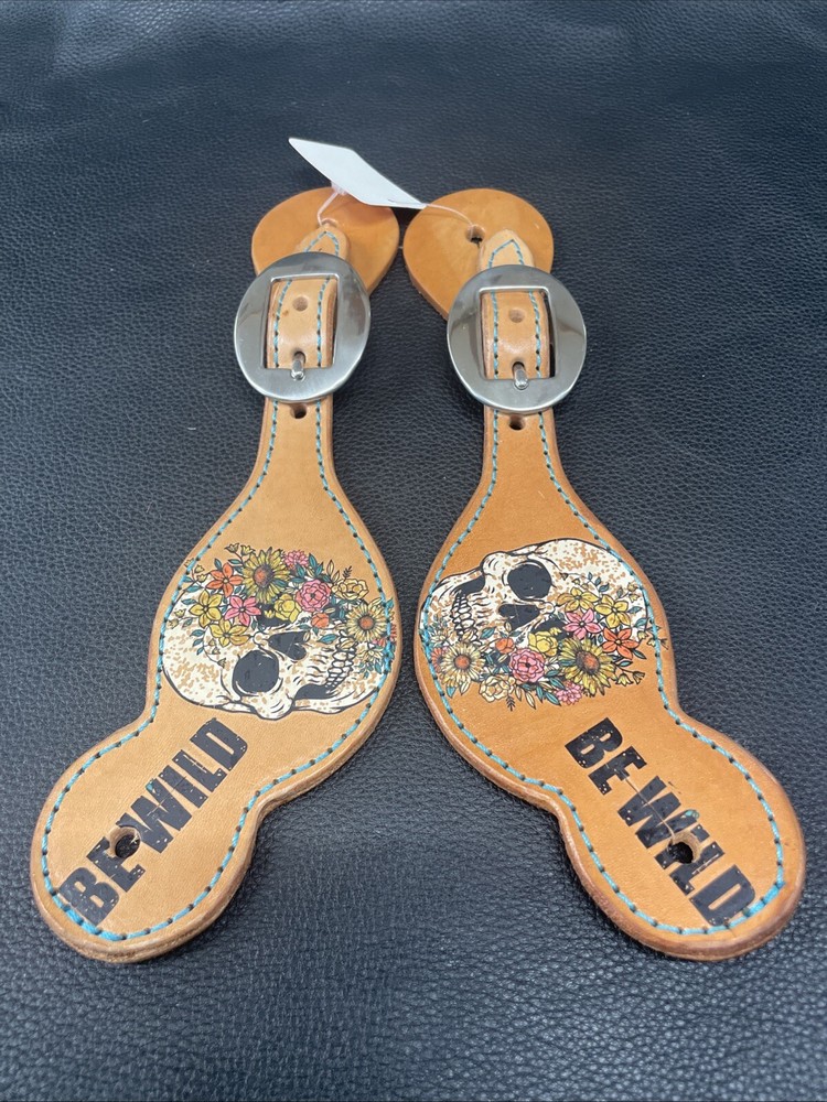 Be Wild Leather Spur Straps Skull Flowers
