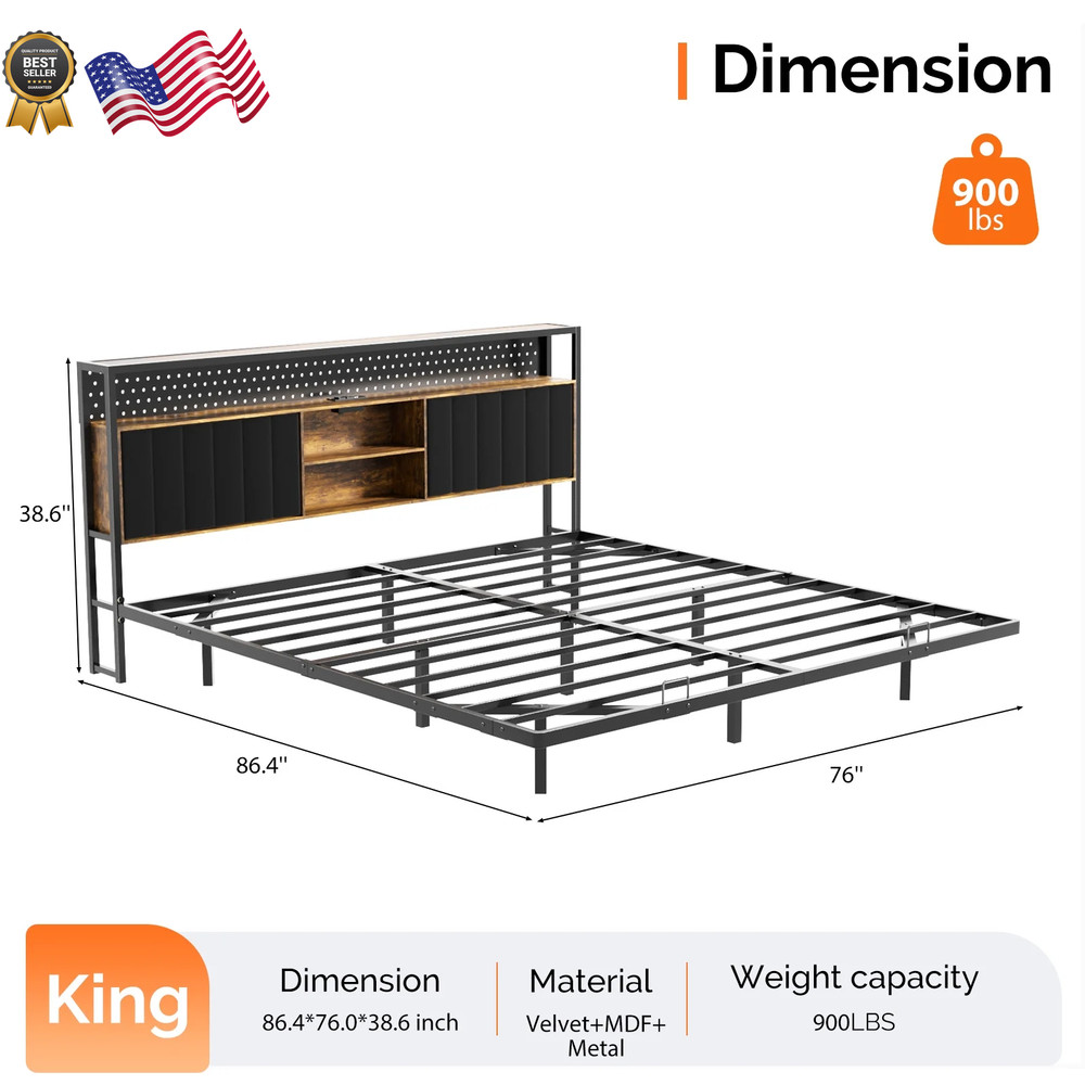 KING SIZE Floating Platform Bed Frame With Charging Station Storage Headboard