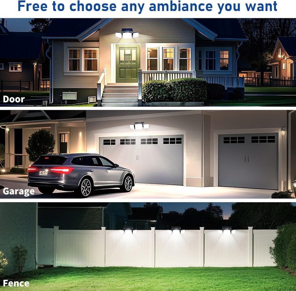 Solar Motion Security Light 3-Head LED w/Remote Radar Sensor IP65 Waterproof 2Pk