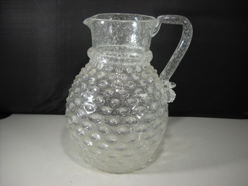 Vintage Clear Crackle Glass with Hobnail Pattern & Applied Handle Pitcher