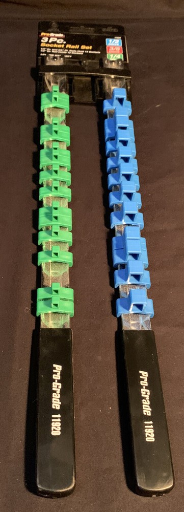2 Pc Steel Socket Rail Organizer Holder Set 1/2" Blue 1/4" Green