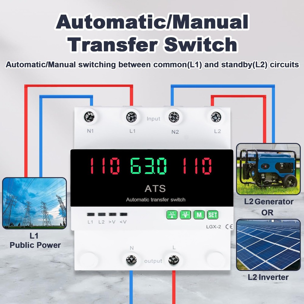 100A 120V Automatic/Manual Generator Transfer Switch, DIN Rail Mount 110V...