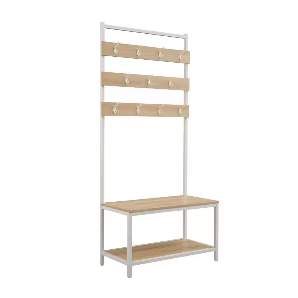 Bedford White Coat Rack Hall Tree with Hooks and Shelf