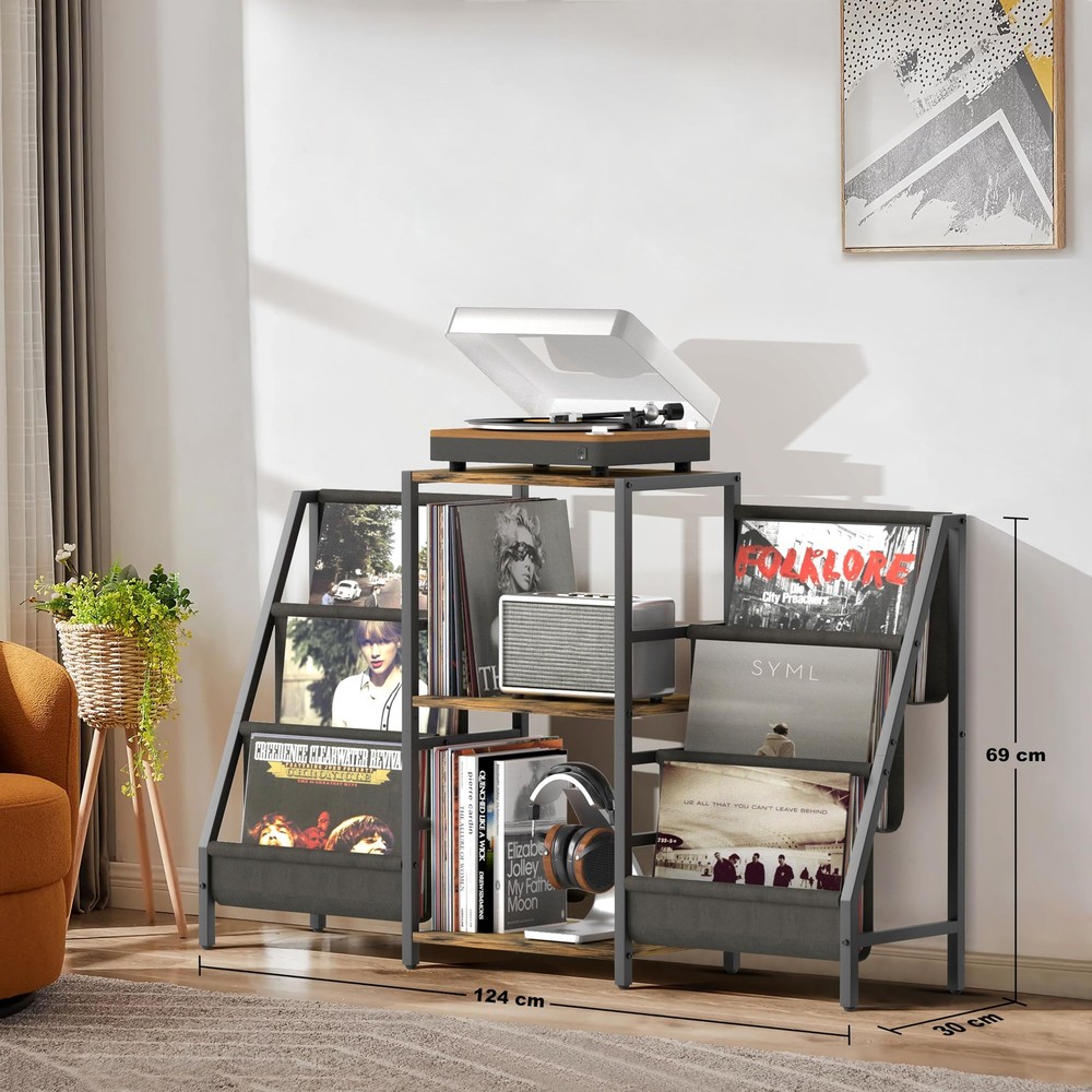 Record Player Stand with Vinyl Storage, Two-side storage-Black&Brown