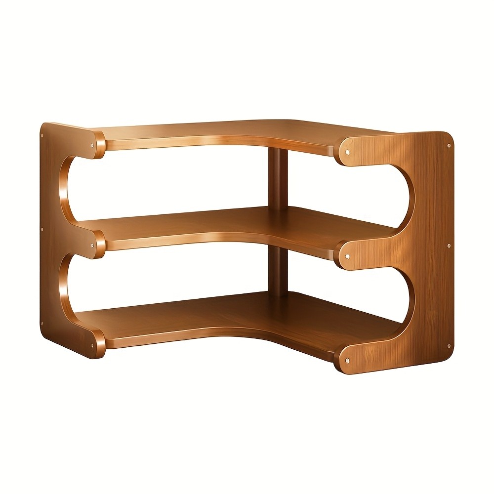 Multi-Tier Bamboo Corner Desk Shelf - Natural Wood Rectangular Corner Organizer