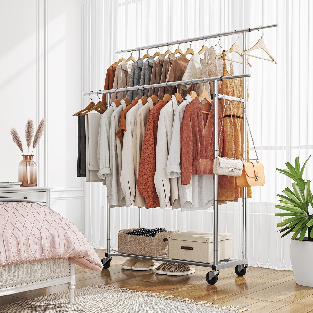 Double Rod Garment Rack Rolling Clothes Organizer Chrome
