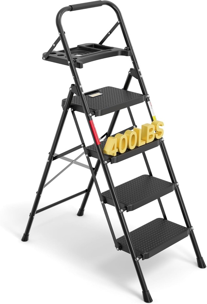 Lightweight 400lb Capacity 4-Step Folding Ladder with Tool Tray for Home Use