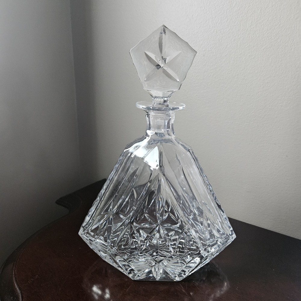 Vintage Block Cut Crystal Triangular Decanter & Stopper Olympic Pattern Heavy