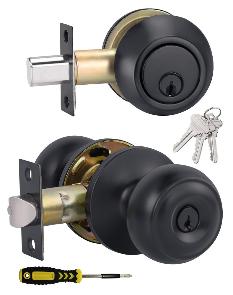 Lanwandeng All Keyed Alike Entry Door Knobs and Single 1 Pack, Matte Black