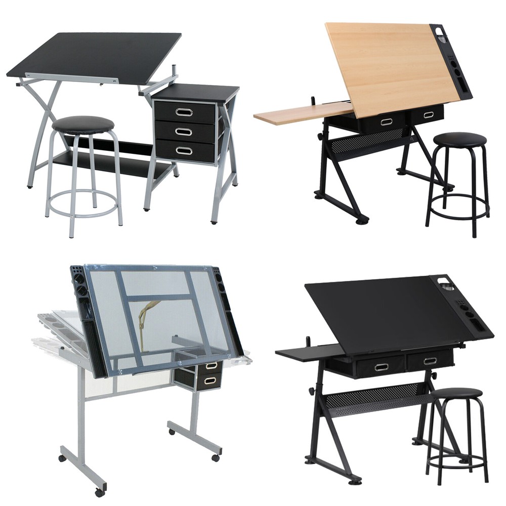 Adjustable Drafting Table Drawing Desk Wood/Glass Table Top Craft Table 3 Styles