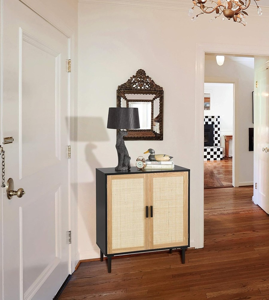 Sideboard Buffet Cabinet, Kitchen Storage Sideboard with Rattan Decorated Doo...