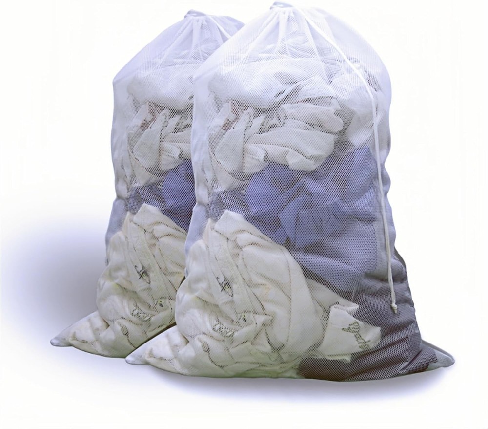 2-Pack Large Mesh Laundry Bags 24"x36" Heavy Duty Drawstring Lockable White