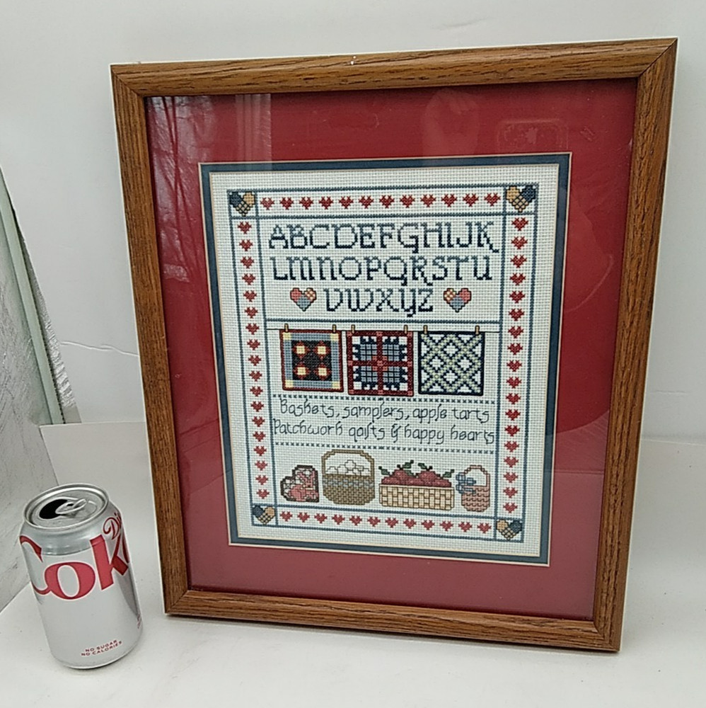 Vintage Framed Matted Completed Cross Stitch ALPHABET SAMPLER Baskets, Quilts +