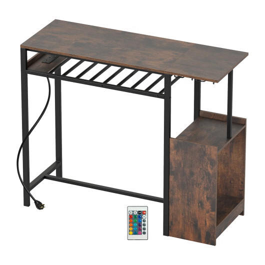 Rectangular Bar Table with Charging Station and LED Light-Rustic Brown - Color: