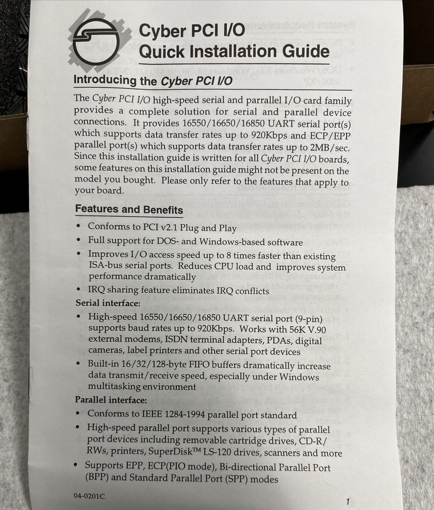 SIIG 16550 Fast Serial 16-Byte Buffer Board Ver. 1.0