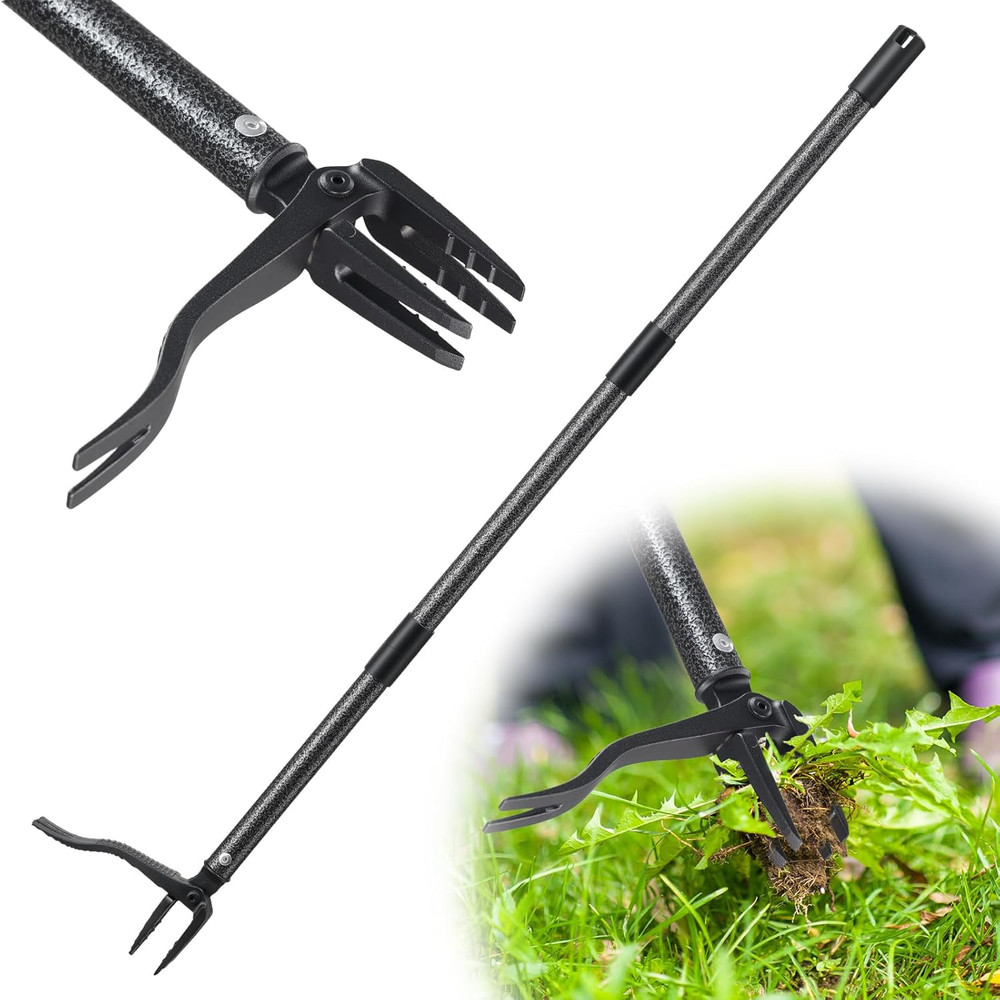 60" Stand-Up Root Puller Tool with Long Handle, Reinforced 4-Claw Metal Head