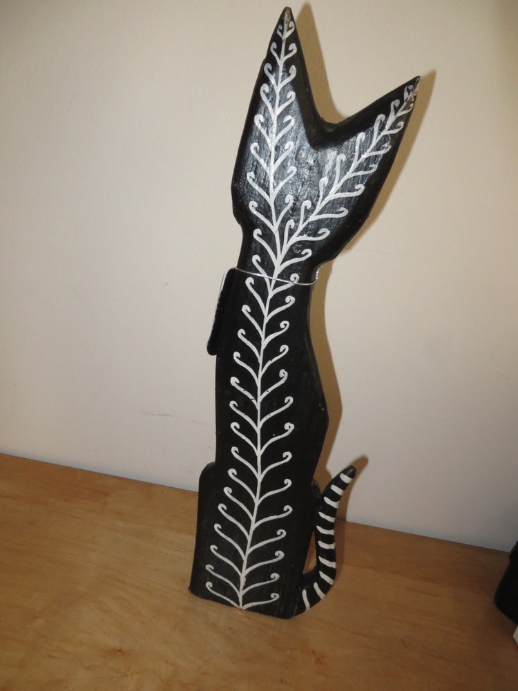 Solid Wood Skeleton Cat Statue Figure Made in Indonesia.