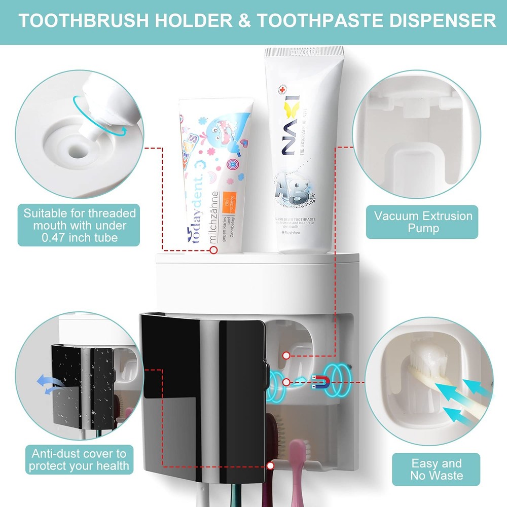 GFWARE Toothbrush Holder Toothpaste Dispenser Wall Mounted with Small, Black