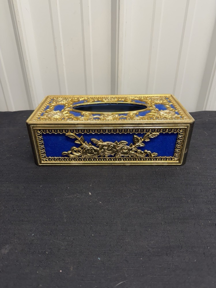 Tissue Box Cover Rectangle Gold Rose Floral Pattern Blue Felt Backing Plastic