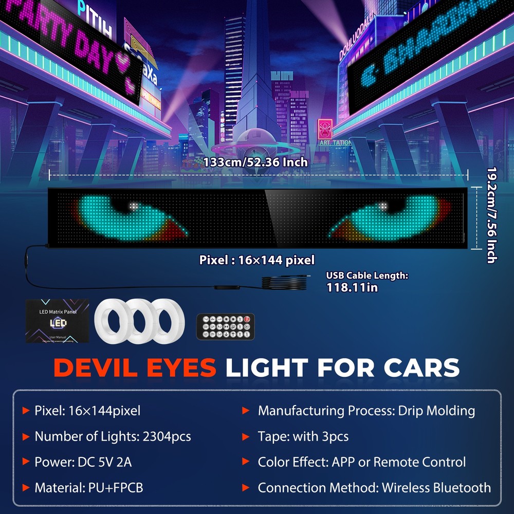 LED Devil Eyes Light for Windshield 52.36x7.56 inch, DIY Programmable Led Eyes