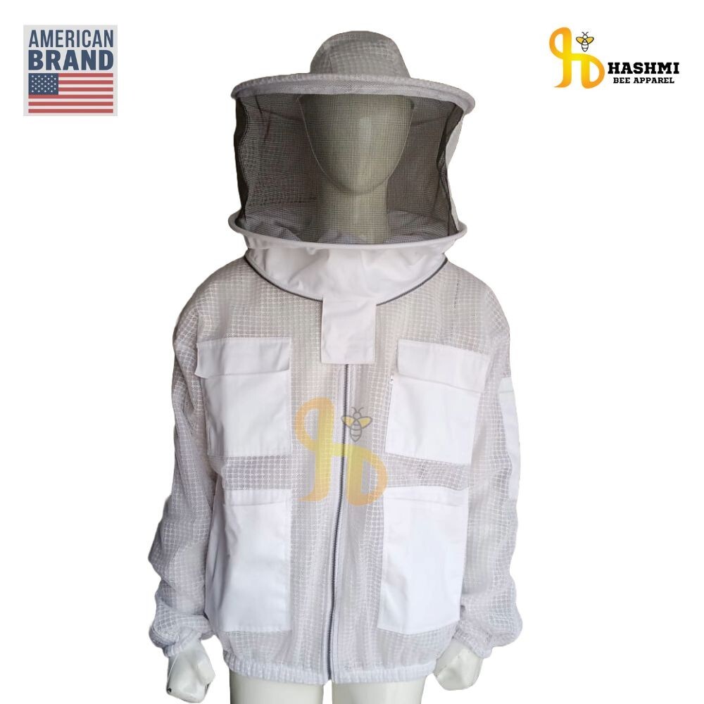 Beekeeping Bee Sting Protective Jacket 3 Layer Full Vented Round Hat, White,  L