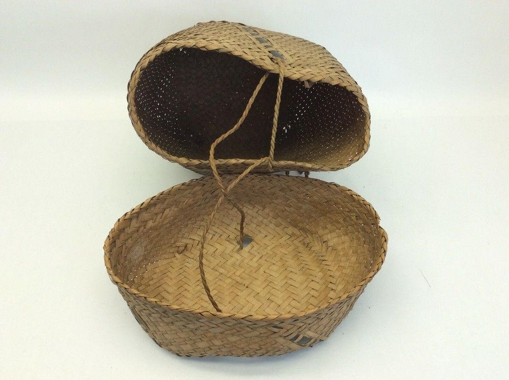 Wicker Woven Black Stripe Early Zigzag Pattern Basket Decorative Old