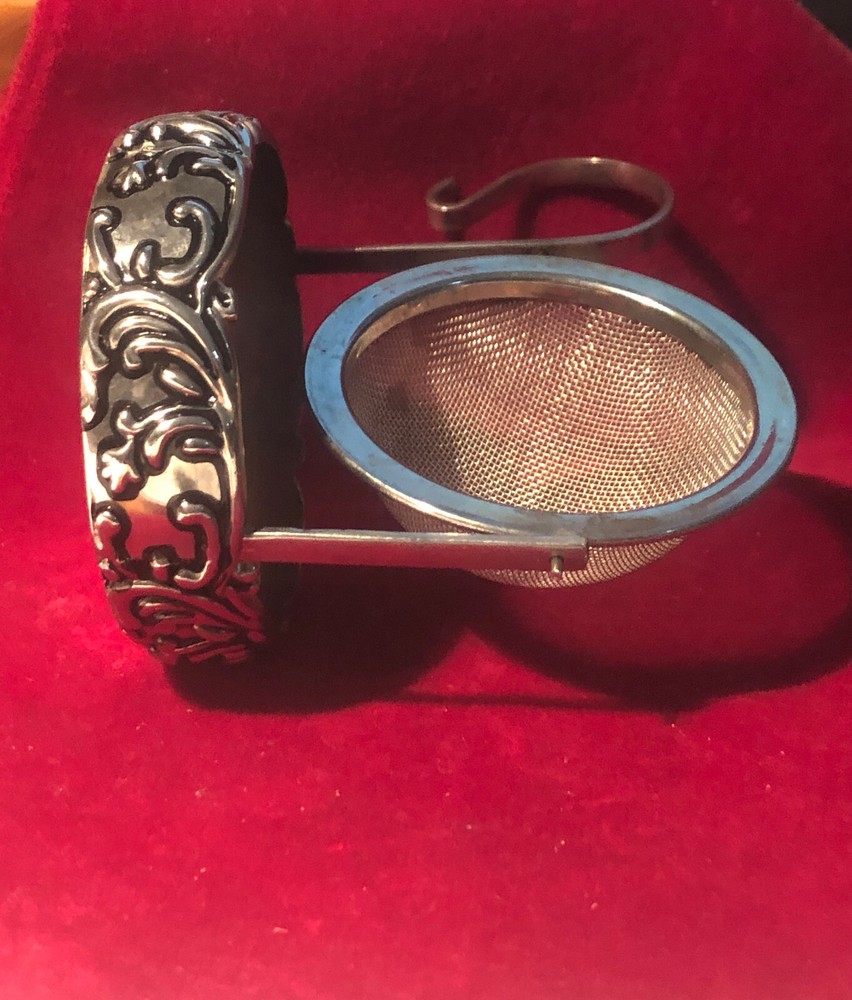 TEA BALL ACORN SHAPE AND TEA STRAINER SILVER PLATE