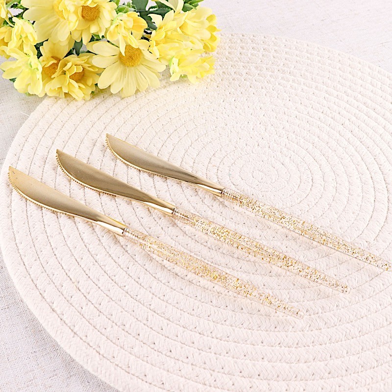 24 Clear 9" Plastic Knives Gold Glittered Handle Disposable Wedding Tableware