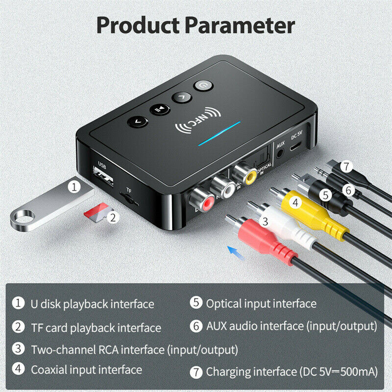 Bluetooth 5.0 Receiver Transmitter Stereo AUX 3.5mm Jack RCA NFC Audio Adapter