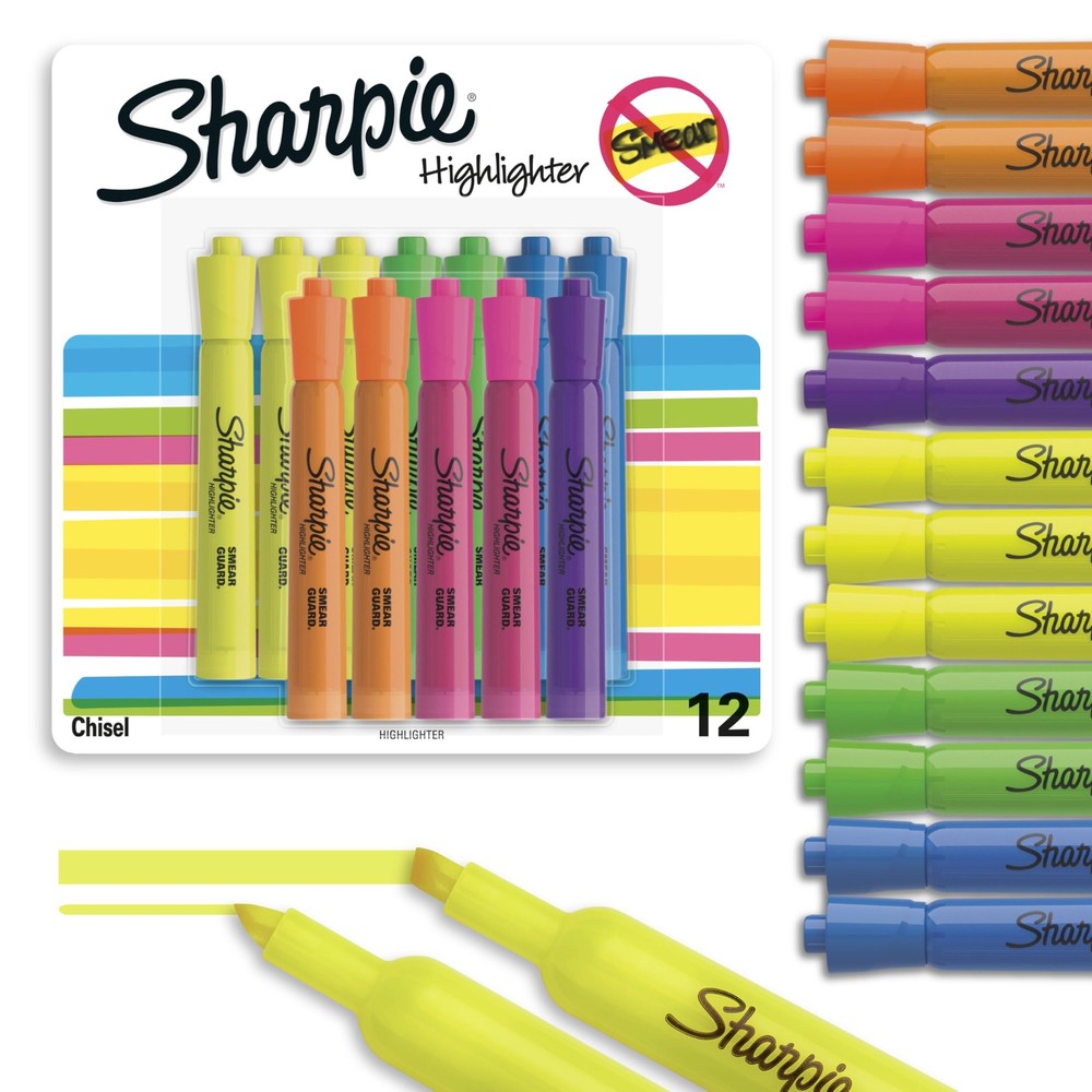 Sharpie Tank Highlighters, Chisel 12 Count (Pack of 1), Assorted Fluorescent