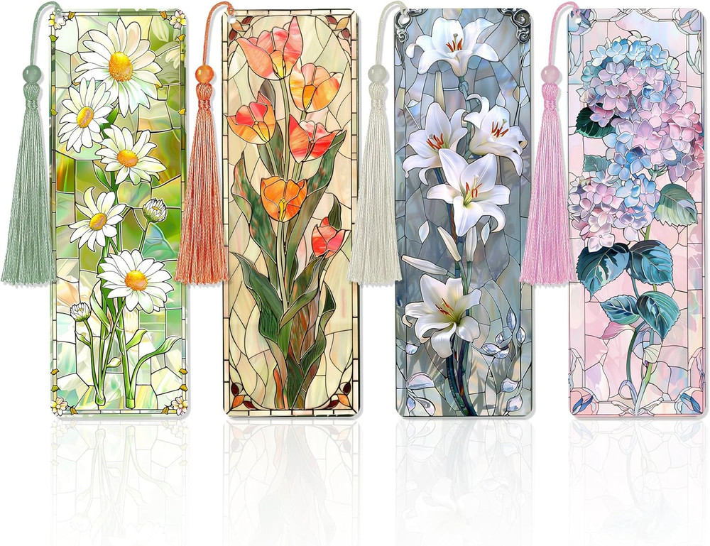 Stained Glass Art Bookmarks Set - Elegant Flower Design with Tassels