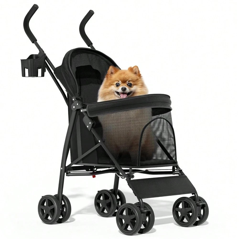 Foldable 4-Wheel Pet Stroller For Small Medium Pets Black