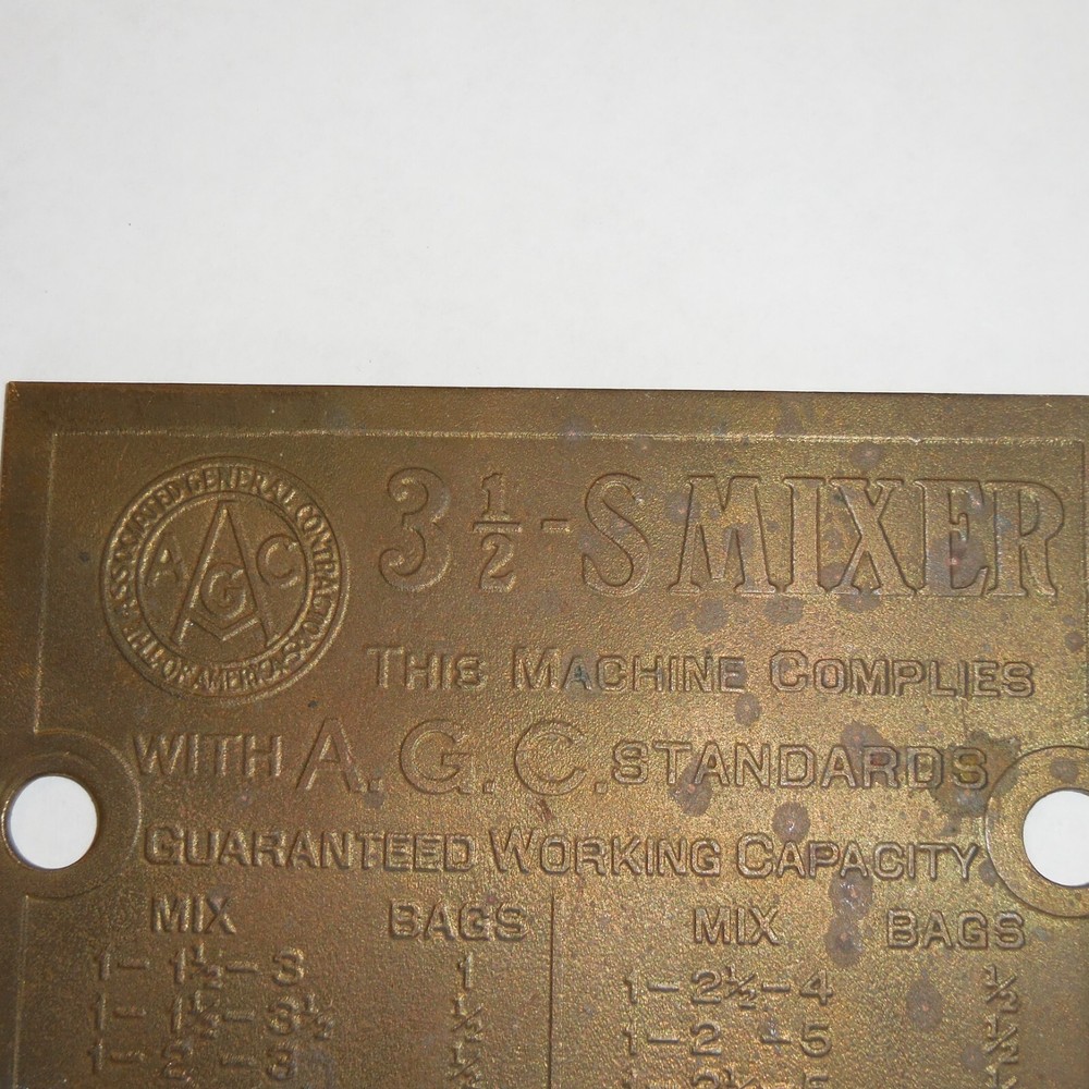 AGC 3 1/2 -SMIXER --CONCRETE MIXER BRASS PLATE