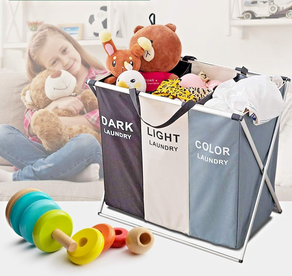 Large Laundry Basket 3 Section Foldable Dirty Clothes Hamper Storage Sorter Bag