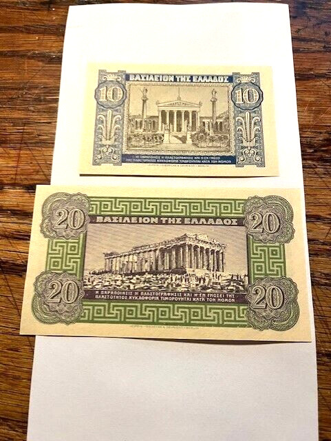 1940 Greece 10 & 20 Drachmai Notes Pair/CU #12409