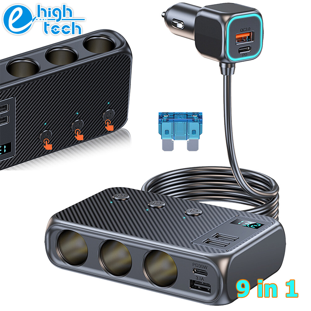 3Way Car Cigarette Lighter Socket USB C Plug Fast Charger Power Adapter Splitter