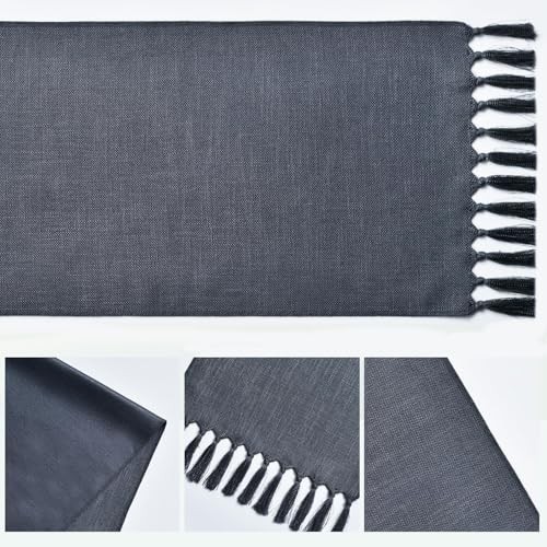 Tassel Table Runner, Linen Blend Rustic 13" x 48", Table Runner Graphite Grey