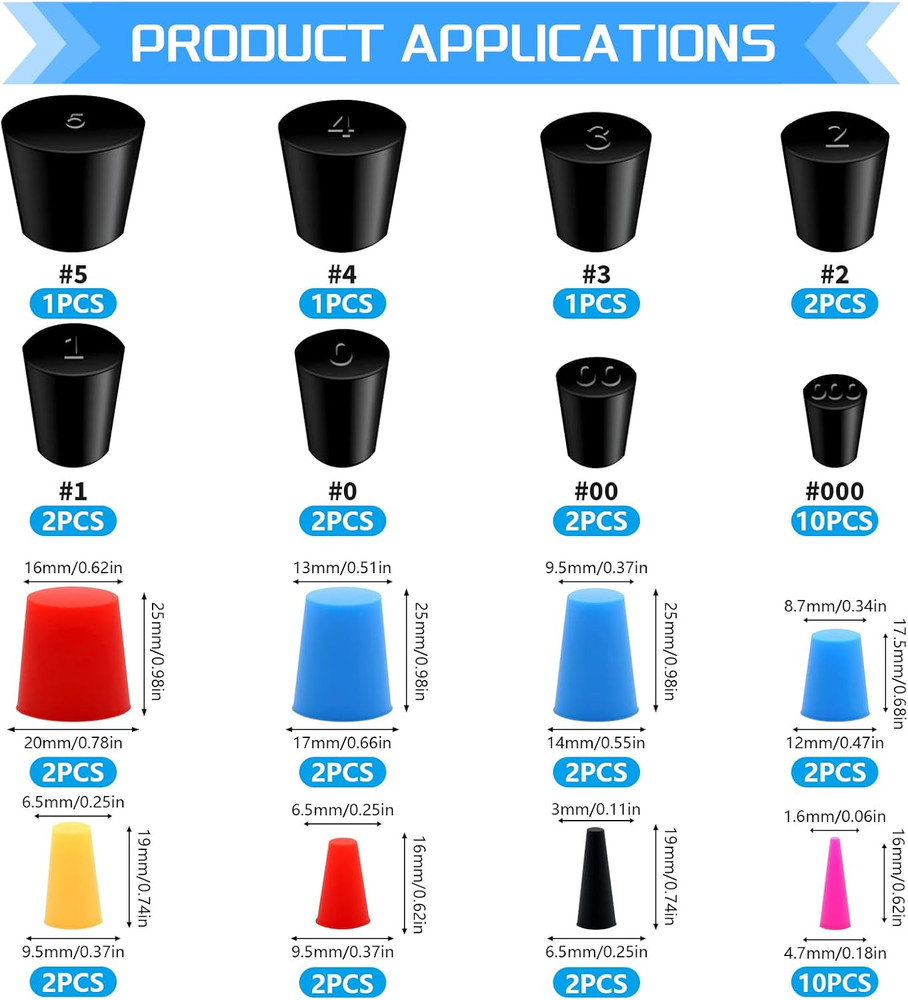 16Values Tapered Stopper Assortment Kit Lab Solid Rubber Stoppers Silicone Plugs