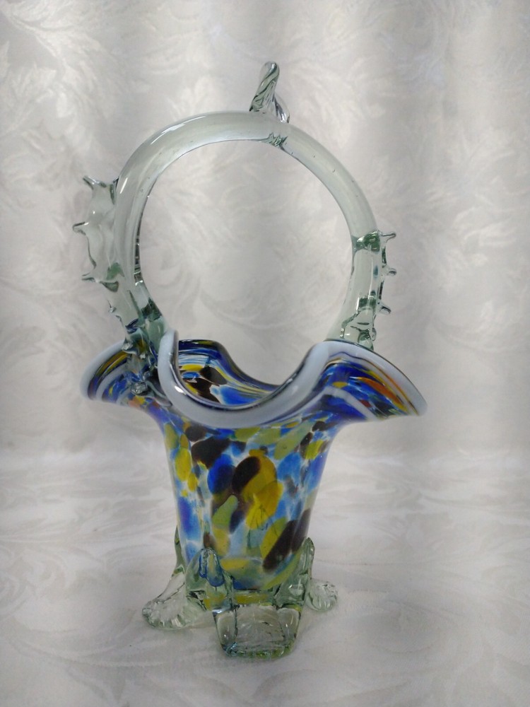 Hand Blown Multi Colored Glass Footed Basket 6.5” Tall