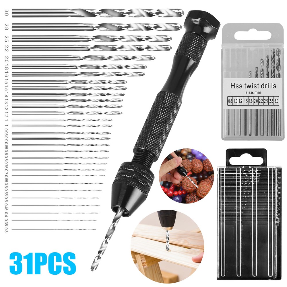31PCS Precision Pin Vise Hobby Micro Drill Bits Mini Micro Hand Rotary Tools Set