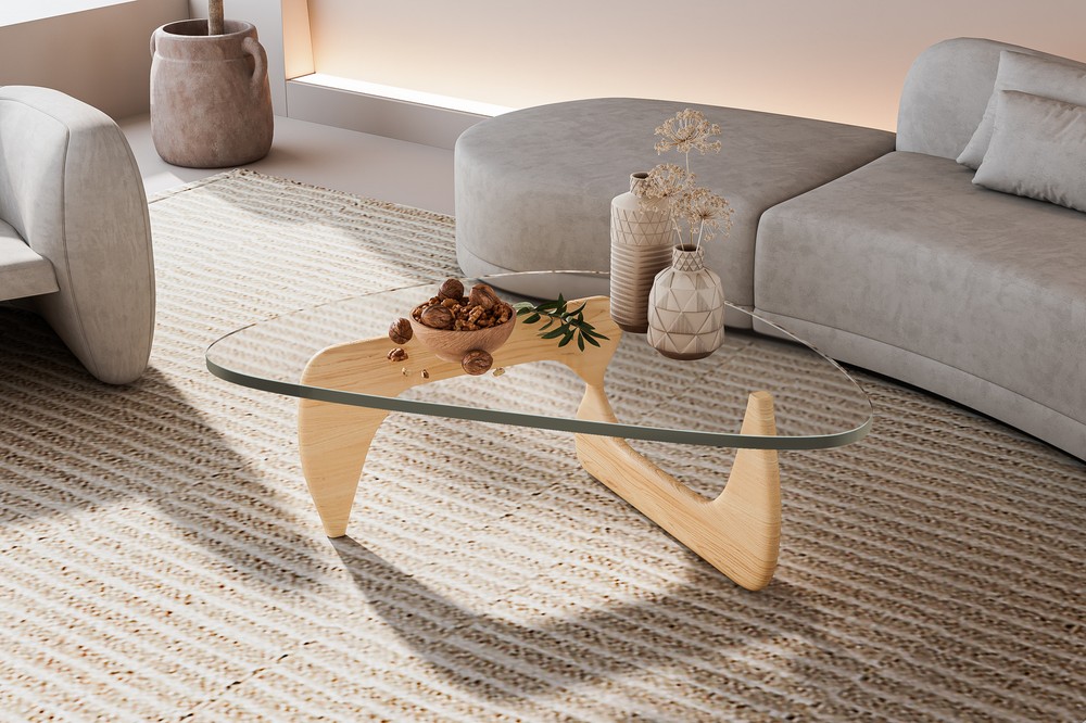 Mid-century Modern Triangle Noguchi Coffee Table Solid Wood Base Tempered Glass