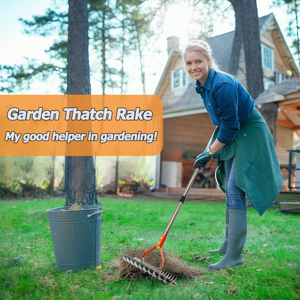 Thatch Rake with 68" Adjustable Handle,14" Dethatching Rake for Lawns – Reinforc