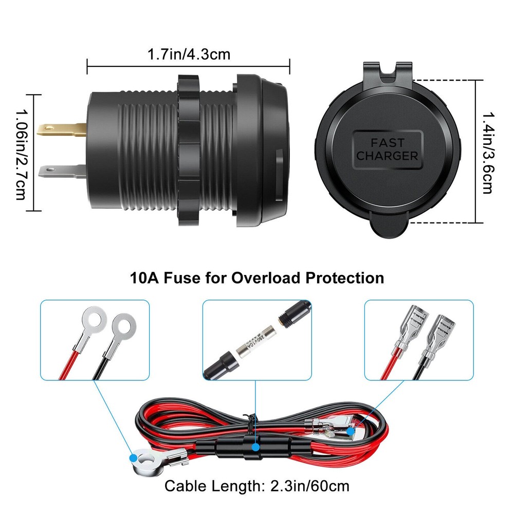 Black Dual PD+QC 3.0 USB Port Car Cigarette Lighter Socket Plug LED Indicator