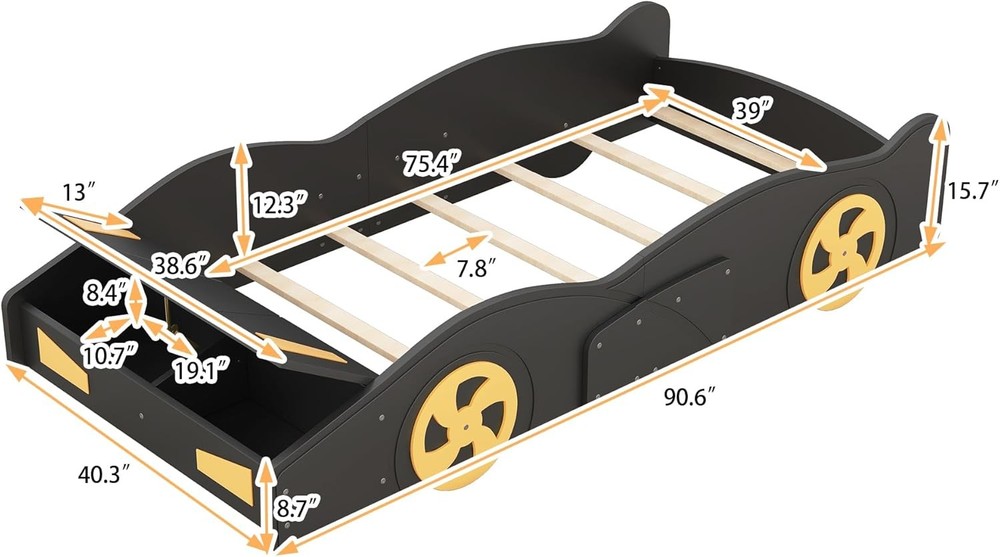 Twin Size Race Car Platform Bed with Storage Black